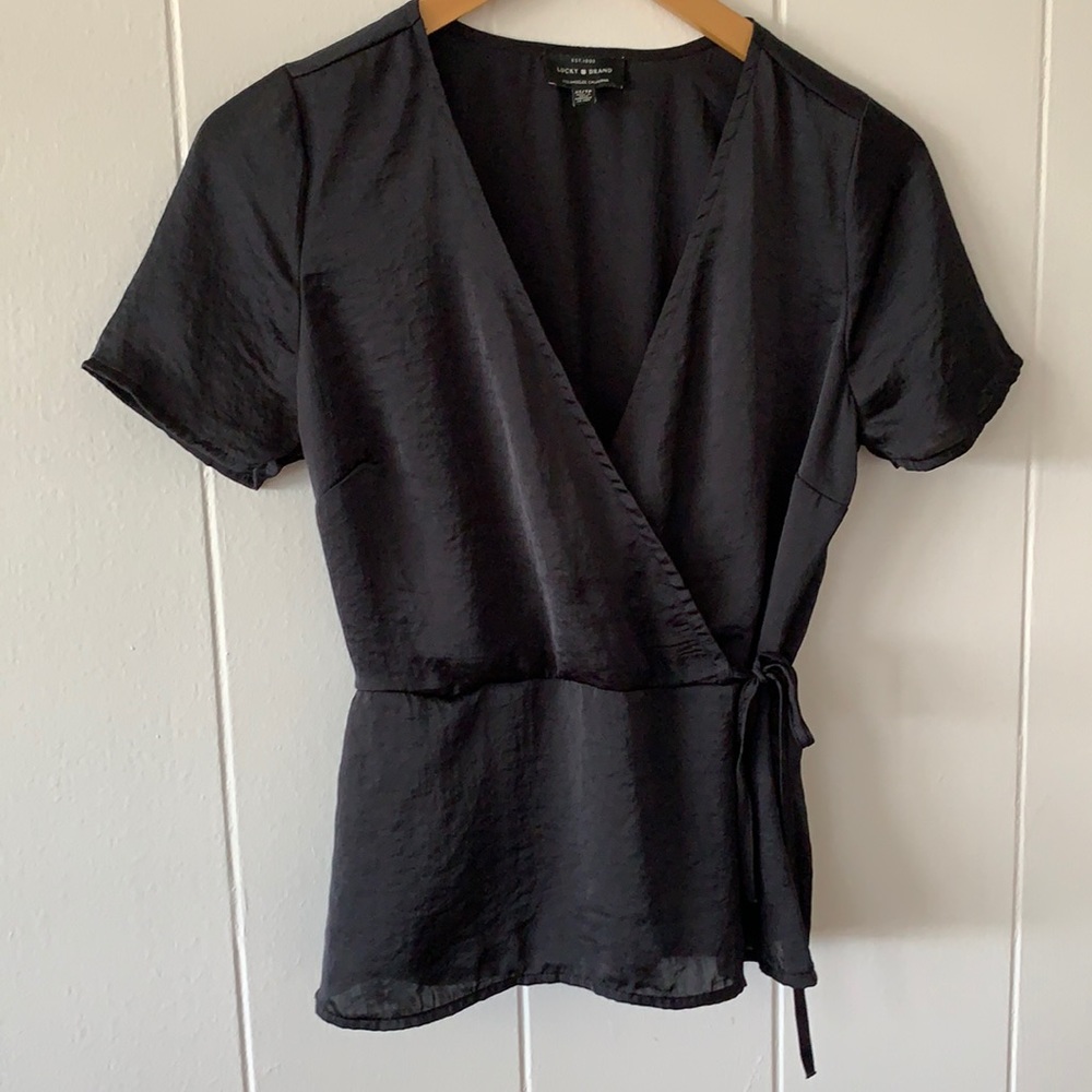 Lucky Brand XS Peplum Wrap Satin/Silk Top
